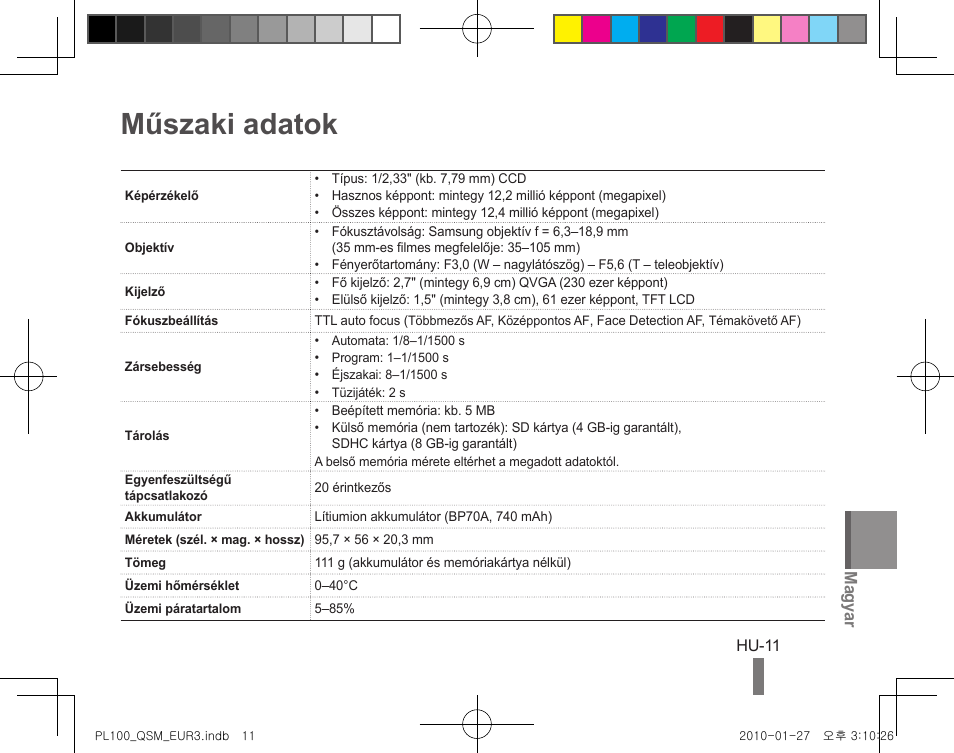 Műszaki adatok, Magyar | Samsung EC-PL100ZBPBPY User Manual | Page 81 / 144