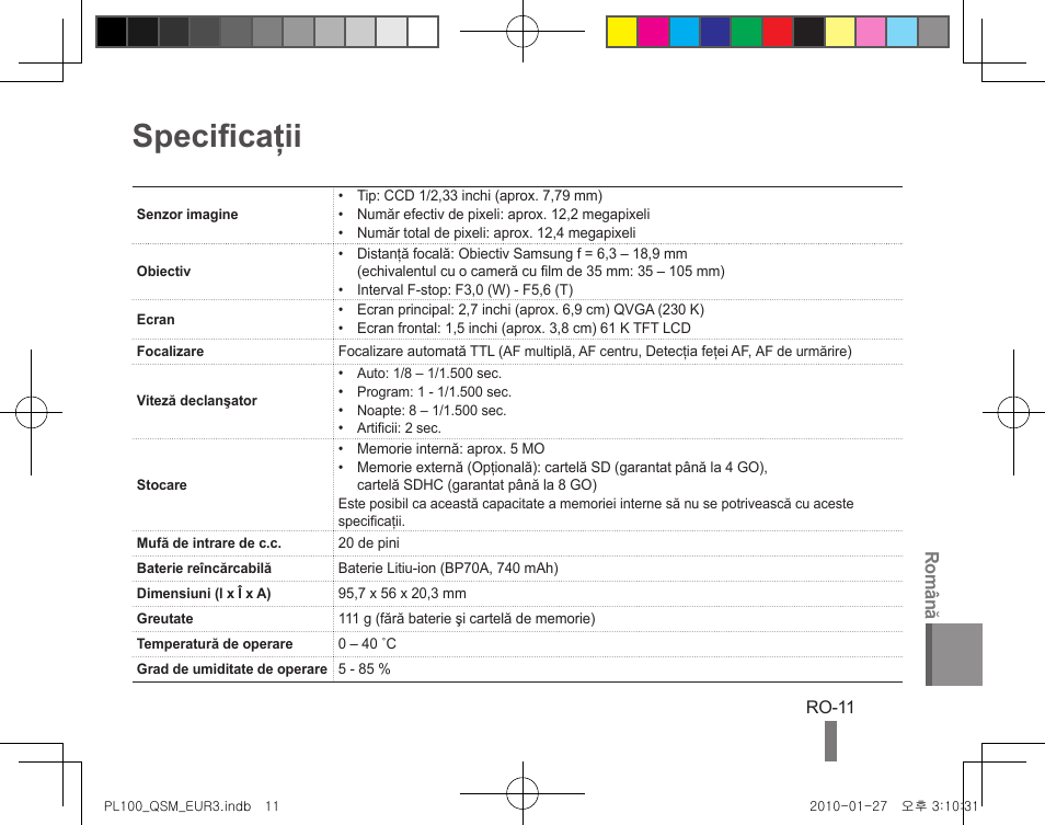 Specificaţii, Română | Samsung EC-PL100ZBPBPY User Manual | Page 91 / 144