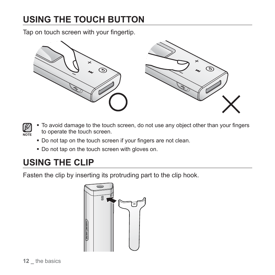 Using the touch button, Using the clip | Samsung YP-U3JQL-XAA User Manual | Page 14 / 64