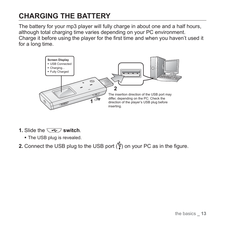 Charging the battery | Samsung YP-U3JQL-XAA User Manual | Page 15 / 64