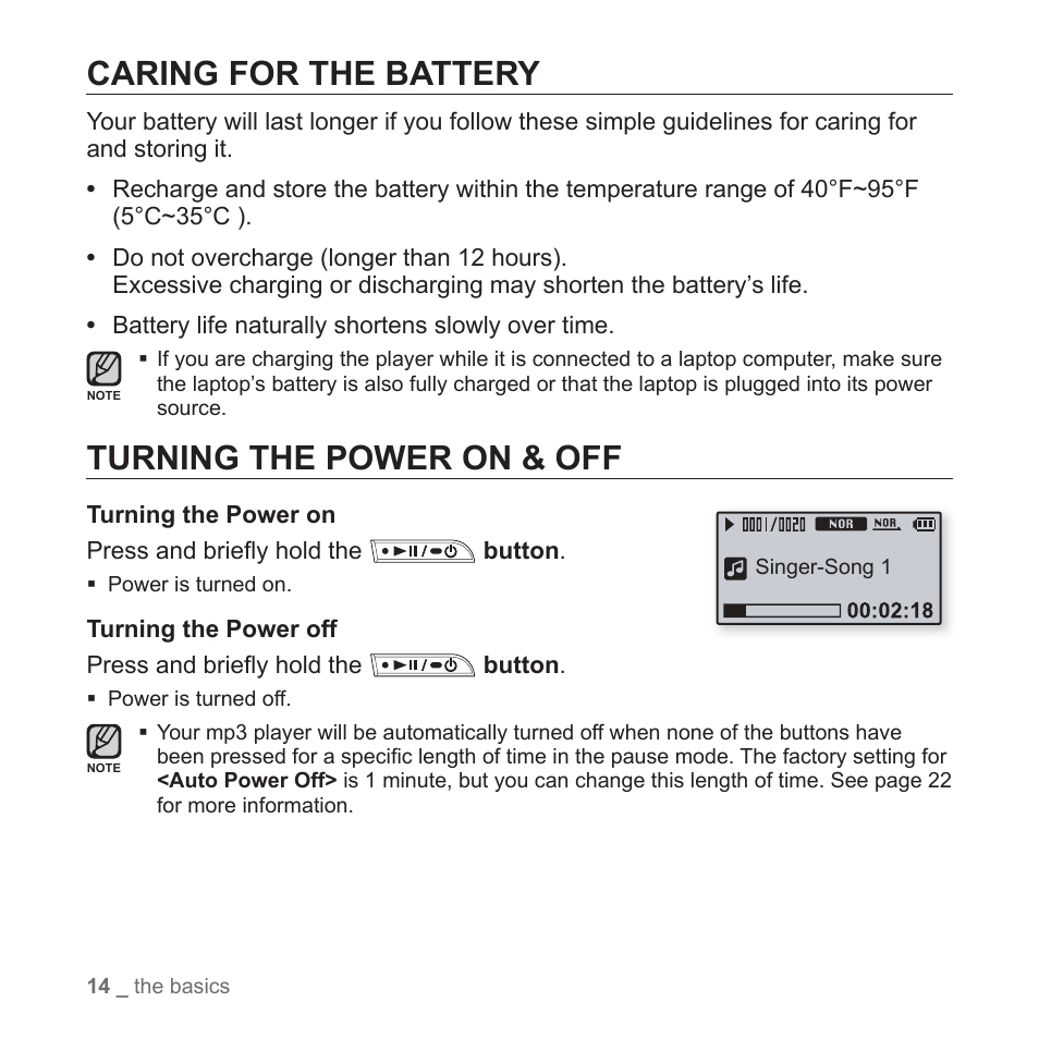 Caring for the battery, Turning the power on & off | Samsung YP-U3JQL-XAA User Manual | Page 16 / 64