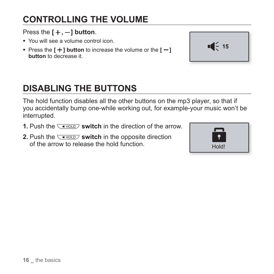Controlling the volume, Disabling the buttons | Samsung YP-U3JQL-XAA User Manual | Page 18 / 64