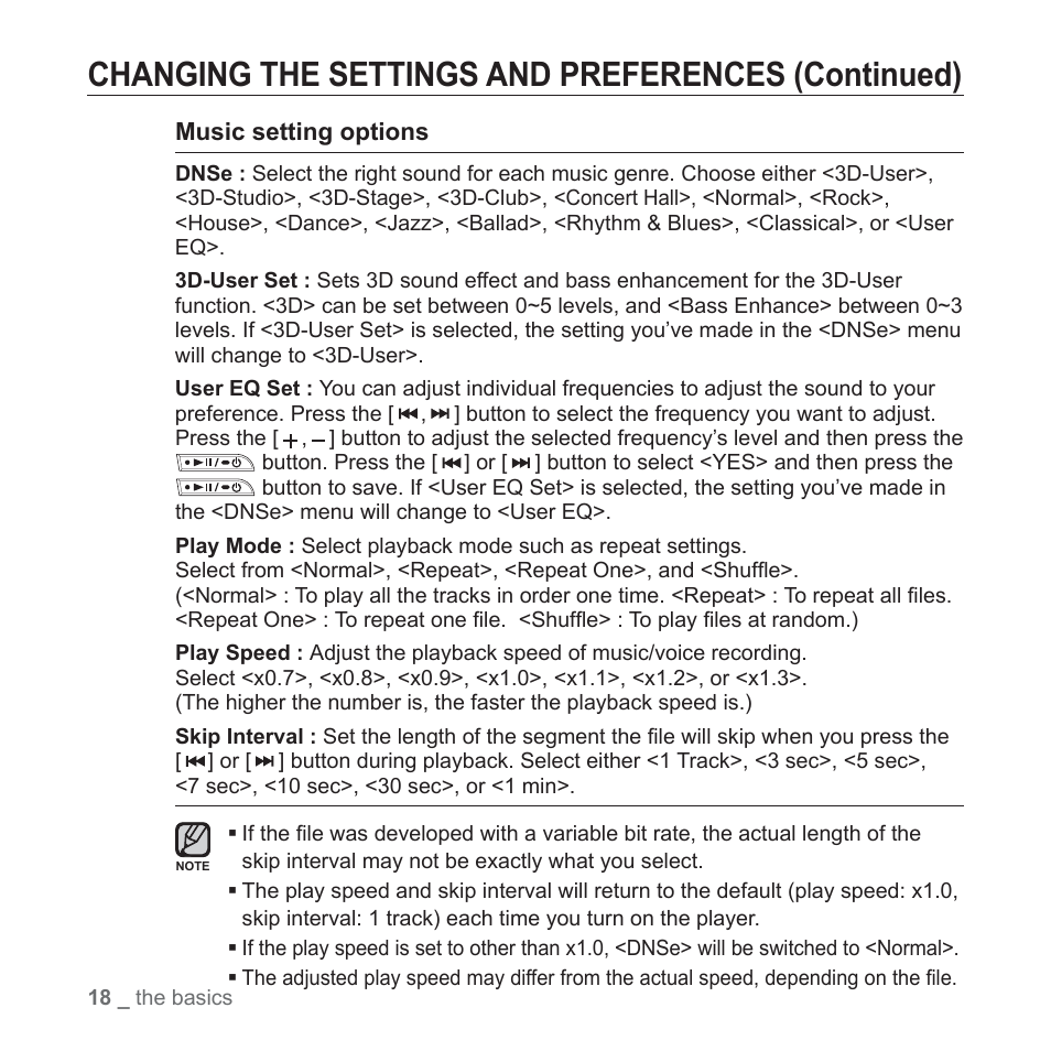 Changing the settings and preferences (continued) | Samsung YP-U3JQL-XAA User Manual | Page 20 / 64