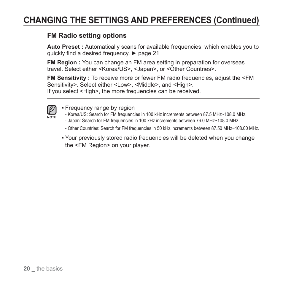 Changing the settings and preferences (continued) | Samsung YP-U3JQL-XAA User Manual | Page 22 / 64