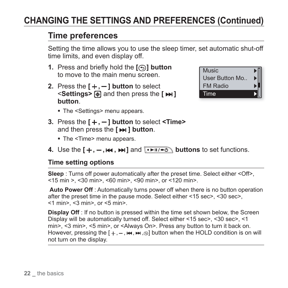 Changing the settings and preferences (continued), Time preferences | Samsung YP-U3JQL-XAA User Manual | Page 24 / 64