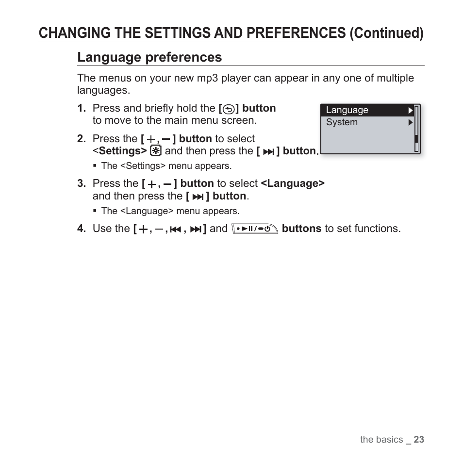 Changing the settings and preferences (continued), Language preferences | Samsung YP-U3JQL-XAA User Manual | Page 25 / 64