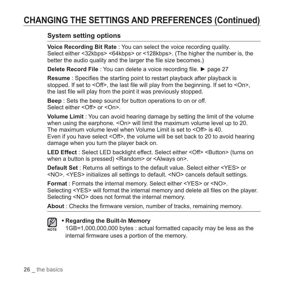 Changing the settings and preferences (continued) | Samsung YP-U3JQL-XAA User Manual | Page 28 / 64
