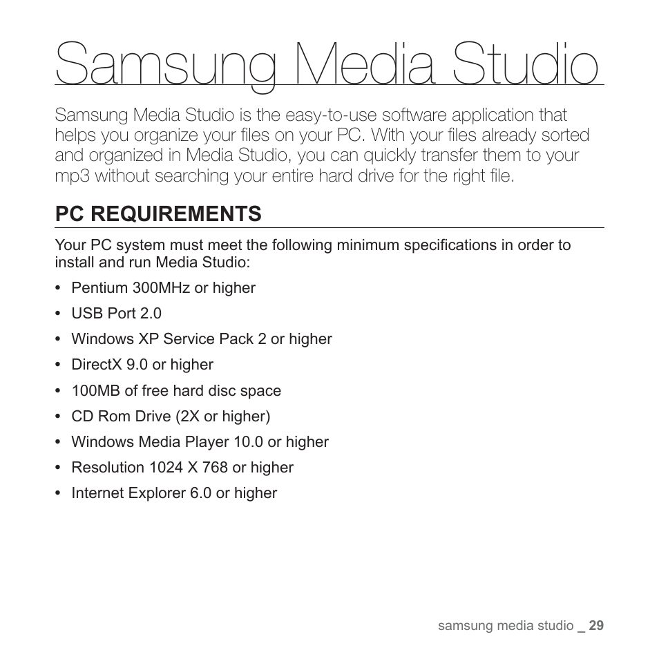 Samsung media studio, Pc requirements | Samsung YP-U3JQL-XAA User Manual | Page 31 / 64