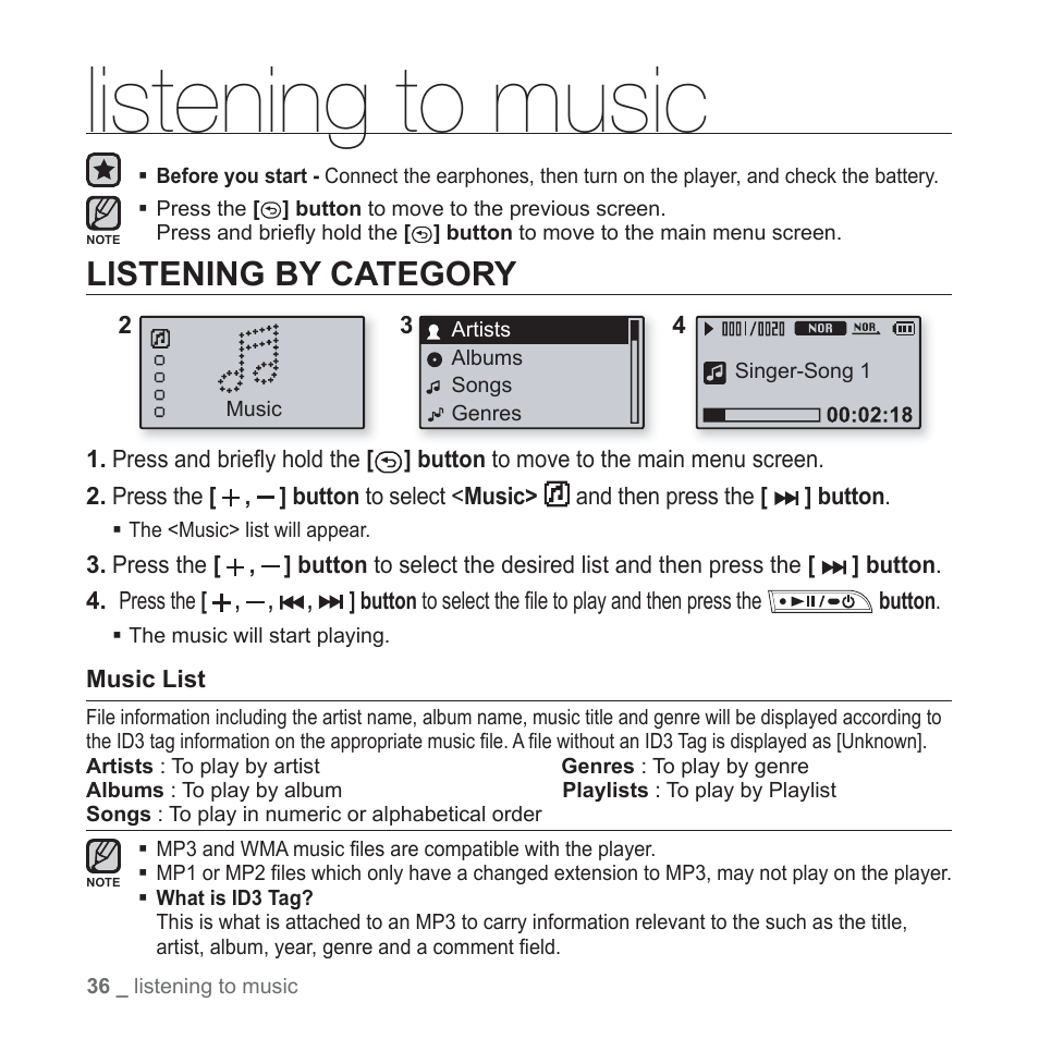 Listening to music, Listening by category | Samsung YP-U3JQL-XAA User Manual | Page 38 / 64