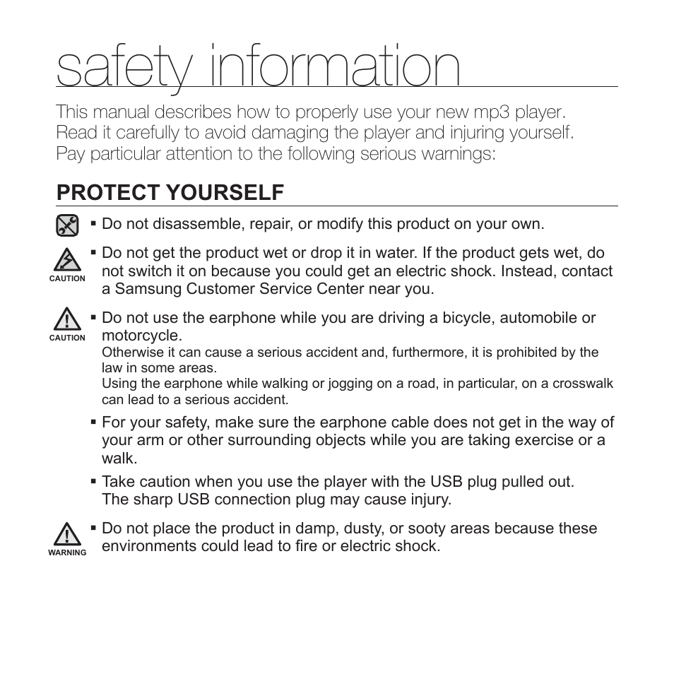 Safety information, Protect yourself | Samsung YP-U3JQL-XAA User Manual | Page 4 / 64