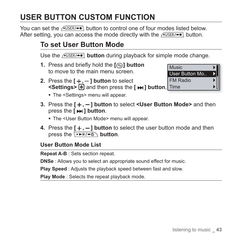 User button custom function | Samsung YP-U3JQL-XAA User Manual | Page 45 / 64
