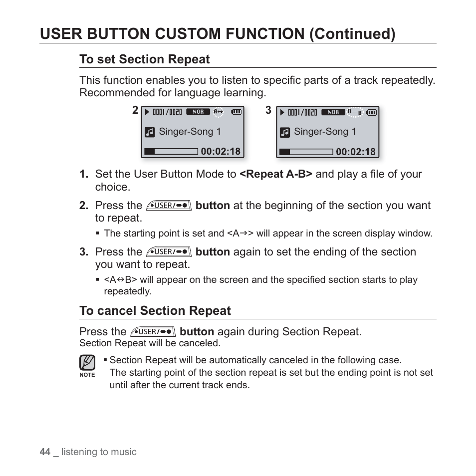 User button custom function (continued) | Samsung YP-U3JQL-XAA User Manual | Page 46 / 64