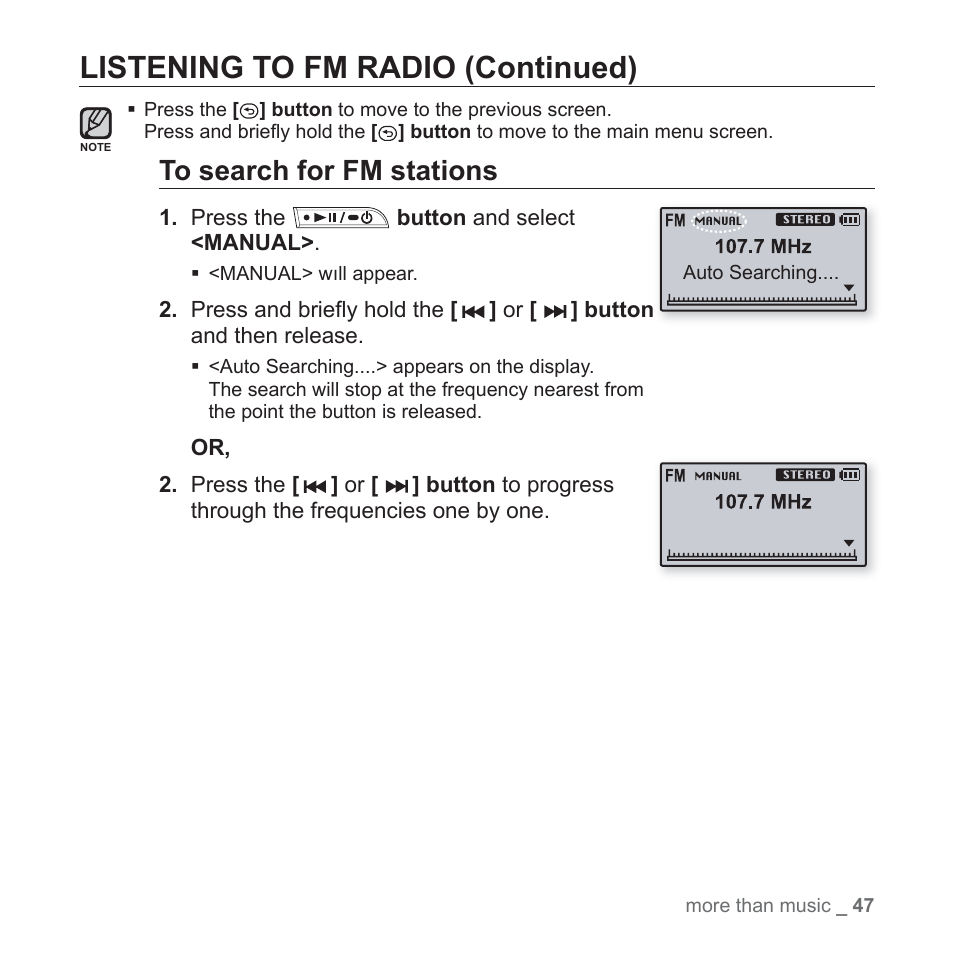 Listening to fm radio (continued) | Samsung YP-U3JQL-XAA User Manual | Page 49 / 64
