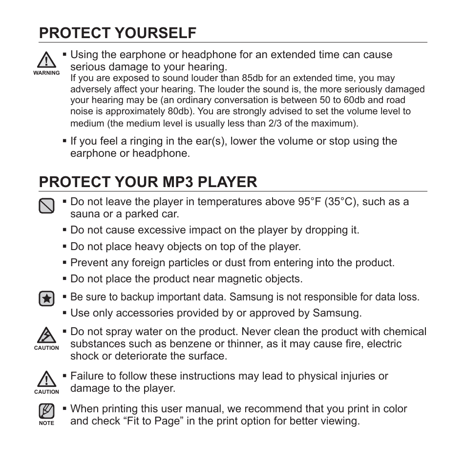 Protect yourself, Protect your mp3 player | Samsung YP-U3JQL-XAA User Manual | Page 5 / 64