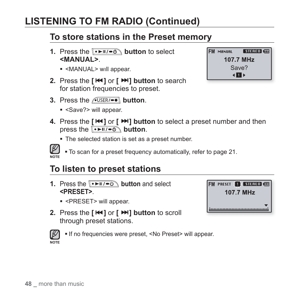 Listening to fm radio (continued) | Samsung YP-U3JQL-XAA User Manual | Page 50 / 64