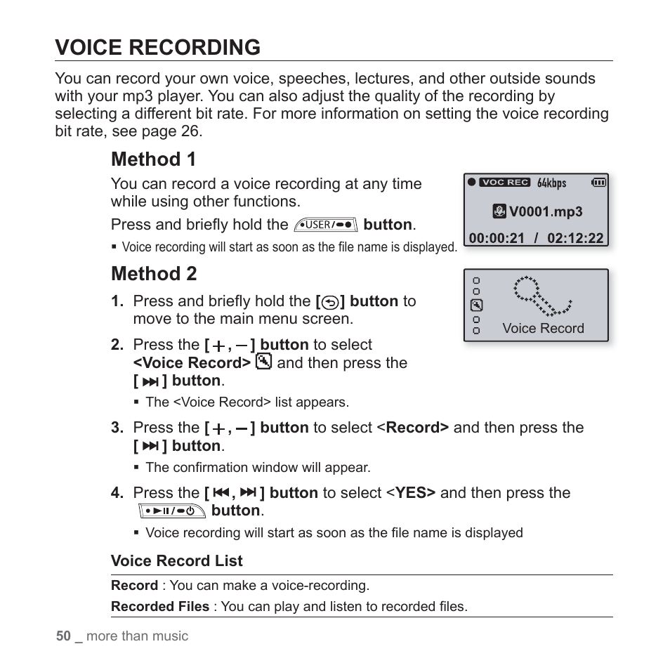 Voice recording, Method 1, Method 2 | Samsung YP-U3JQL-XAA User Manual | Page 52 / 64