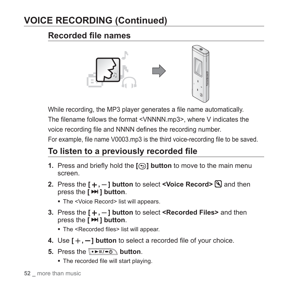 Voice recording (continued), Recorded fi le names | Samsung YP-U3JQL-XAA User Manual | Page 54 / 64