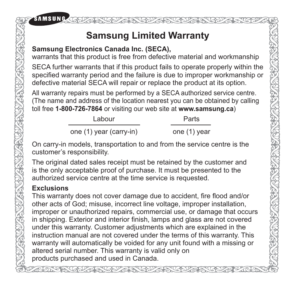Samsung limited warranty | Samsung YP-U3JQL-XAA User Manual | Page 63 / 64