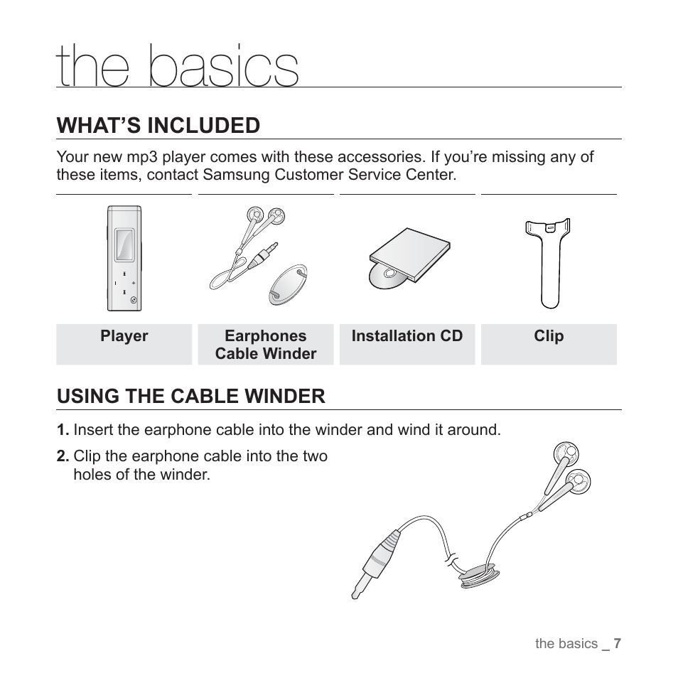 The basics, What’s included, Using the cable winder | Samsung YP-U3JQL-XAA User Manual | Page 9 / 64