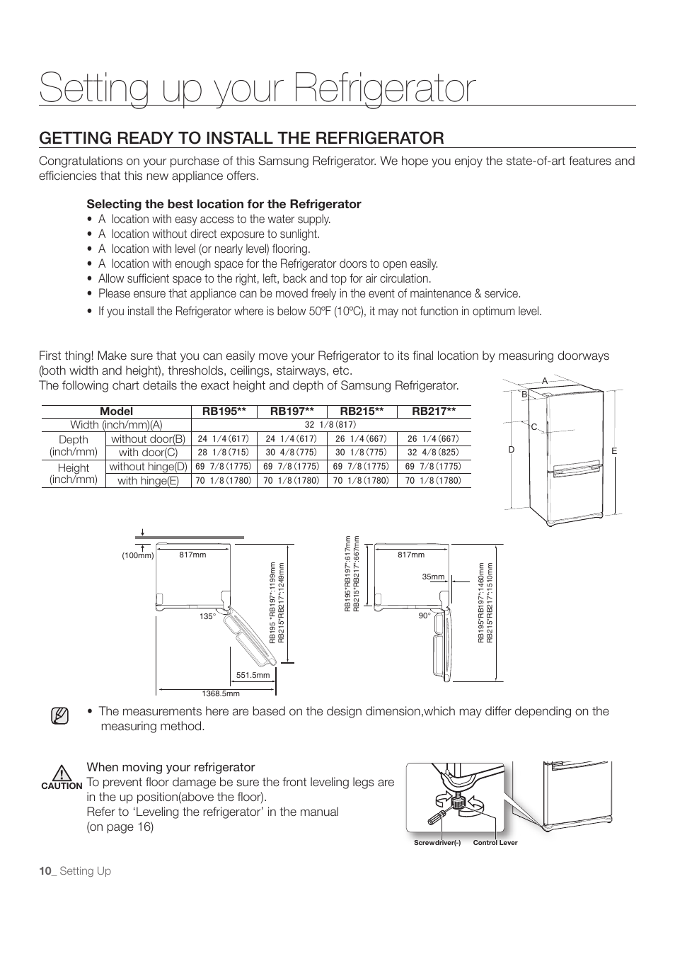 Setting up your refrigerator, Getting ready to install the refrigerator | Samsung RB215ACBP-XAA User Manual | Page 10 / 32