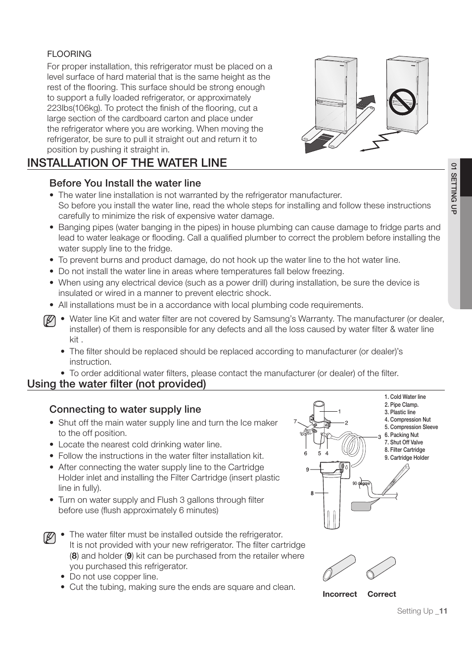Installation of the water line, Using the water filter (not provided) | Samsung RB215ACBP-XAA User Manual | Page 11 / 32