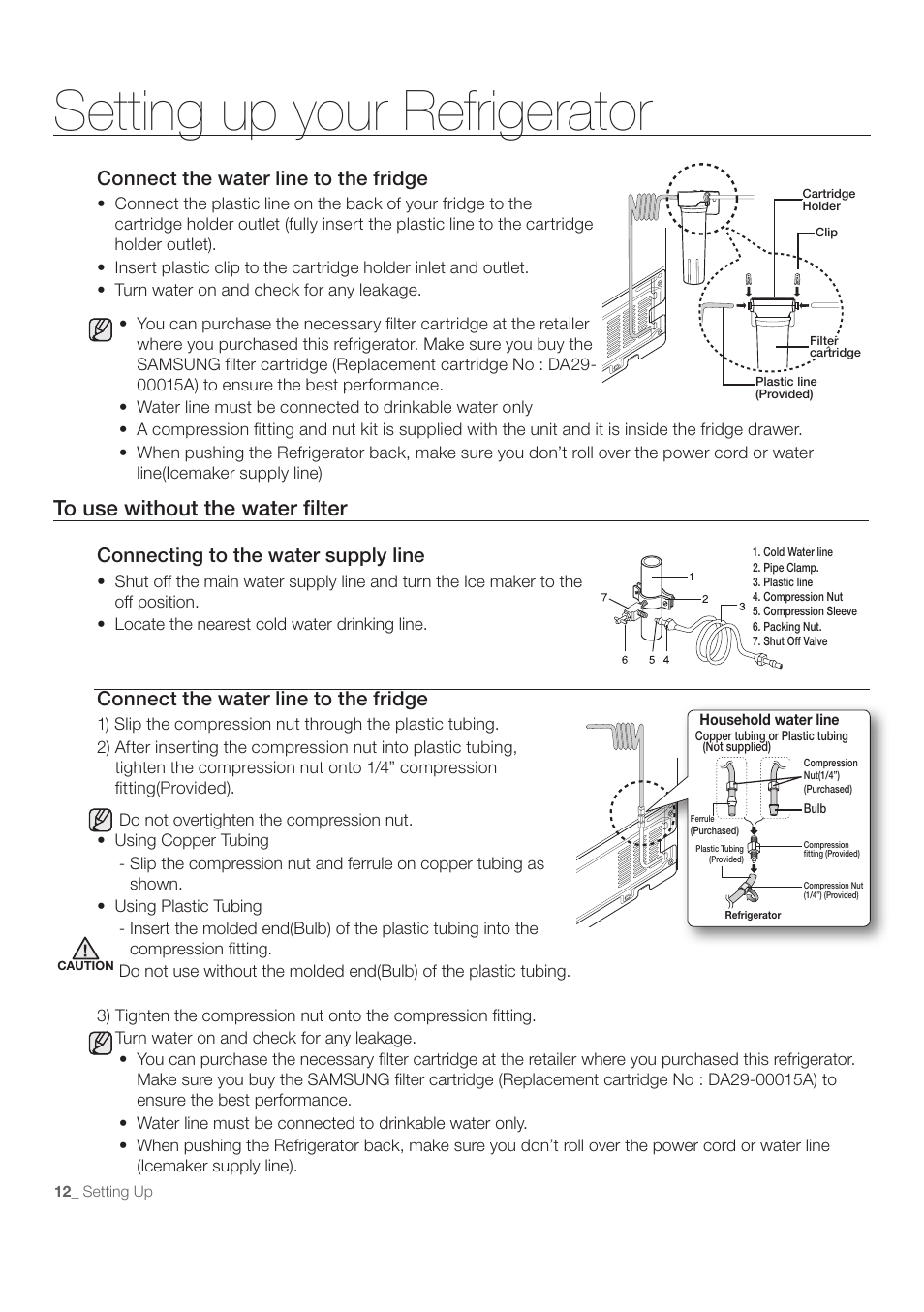 Setting up your refrigerator, Connect the water line to the fridge, Connecting to the water supply line | Samsung RB215ACBP-XAA User Manual | Page 12 / 32
