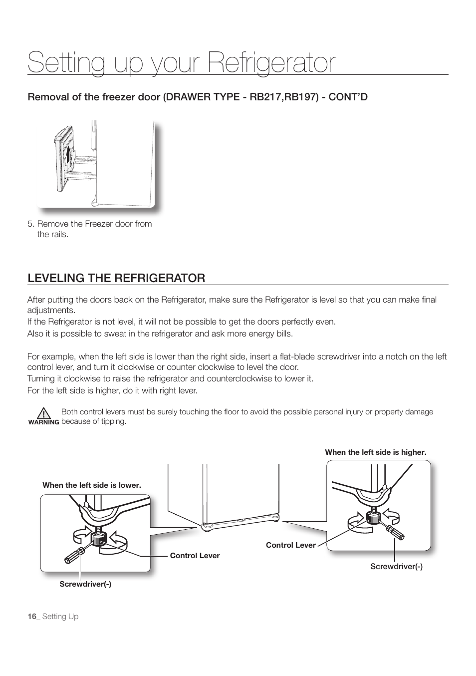 Setting up your refrigerator, Leveling the refrigerator | Samsung RB215ACBP-XAA User Manual | Page 16 / 32
