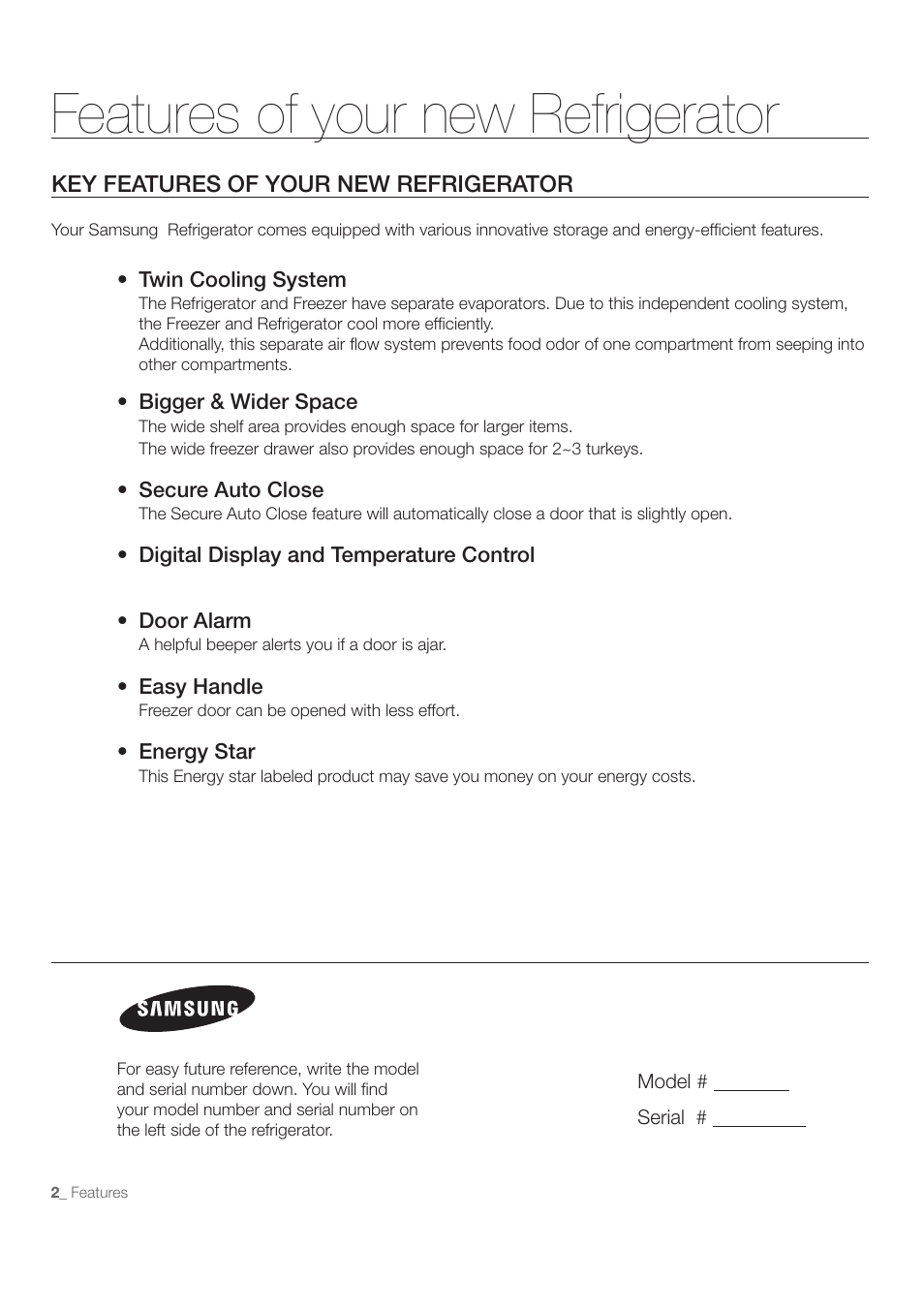 Features of your new refrigerator | Samsung RB215ACBP-XAA User Manual | Page 2 / 32