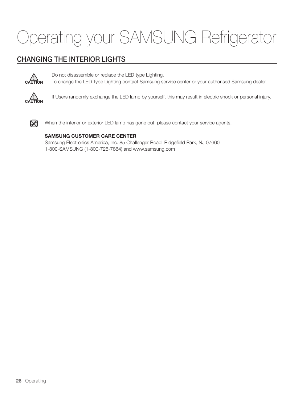 Operating your samsung refrigerator, Changing the interior lights | Samsung RB215ACBP-XAA User Manual | Page 26 / 32