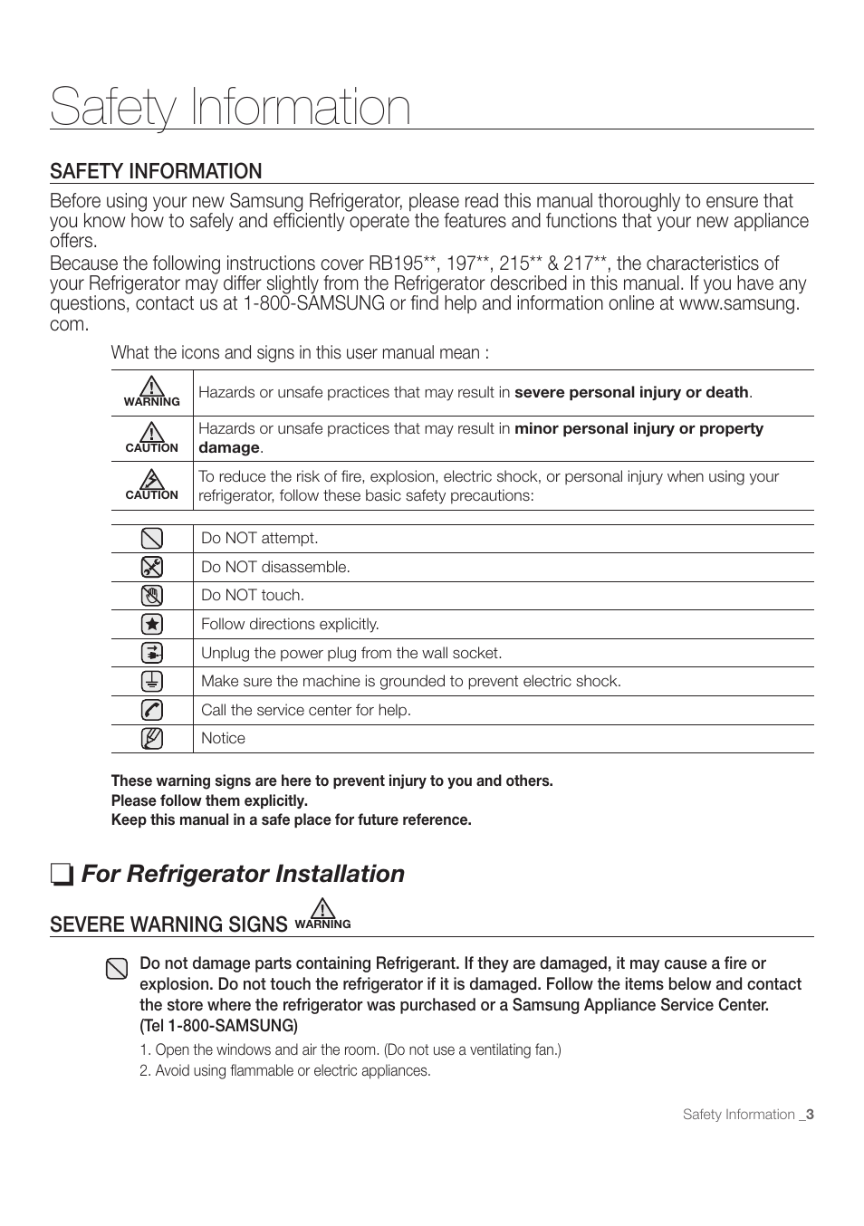 For refrigerator installation, Safety information, Severe warning signs | Samsung RB215ACBP-XAA User Manual | Page 3 / 32