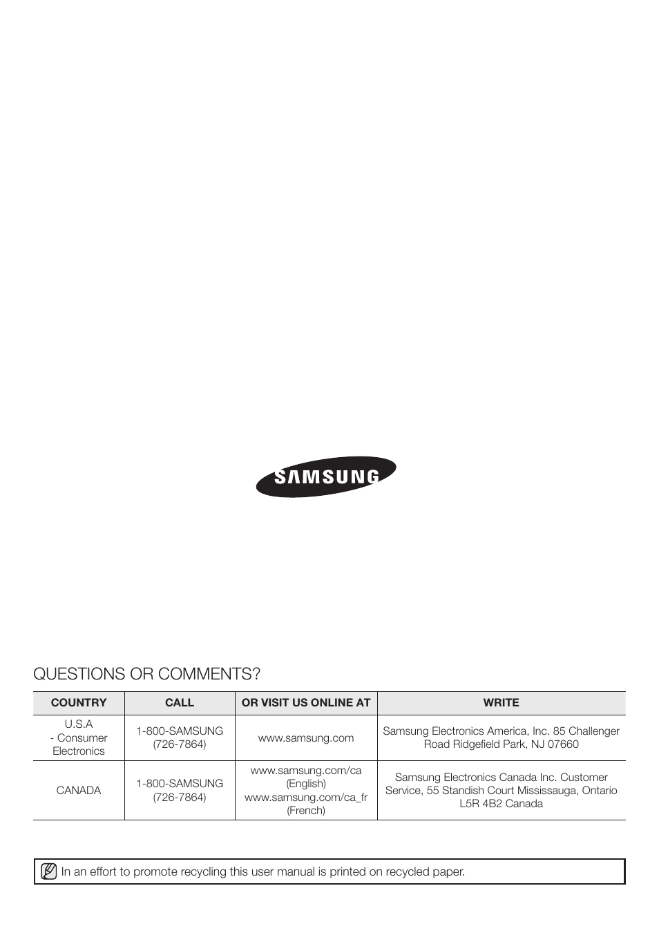 Questions or comments | Samsung RB215ACBP-XAA User Manual | Page 32 / 32
