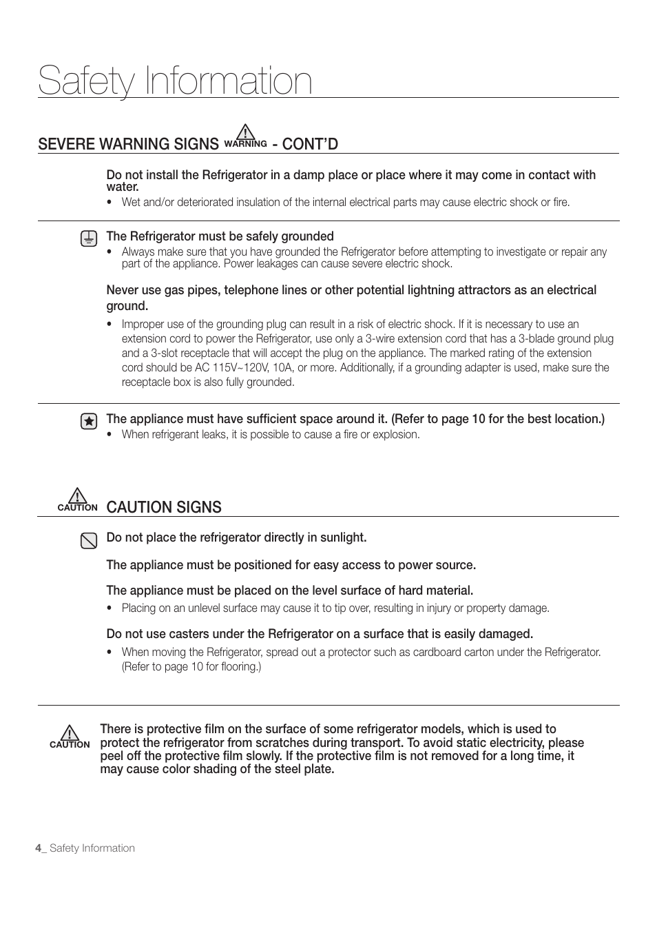 Safety information, Caution signs, Severe warning signs | Cont’d | Samsung RB215ACBP-XAA User Manual | Page 4 / 32