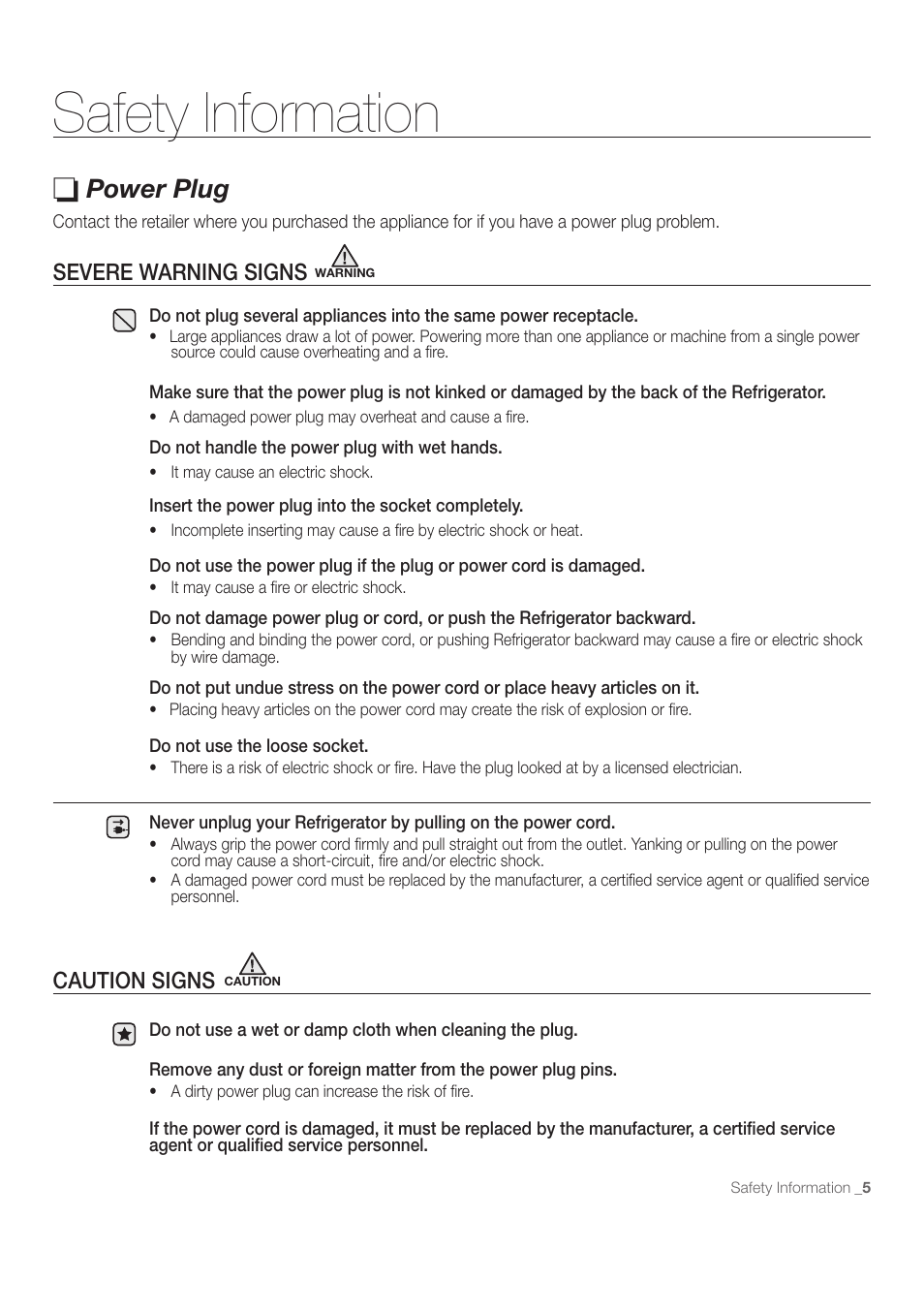 Safety information, Power plug, Severe warning signs | Caution signs | Samsung RB215ACBP-XAA User Manual | Page 5 / 32