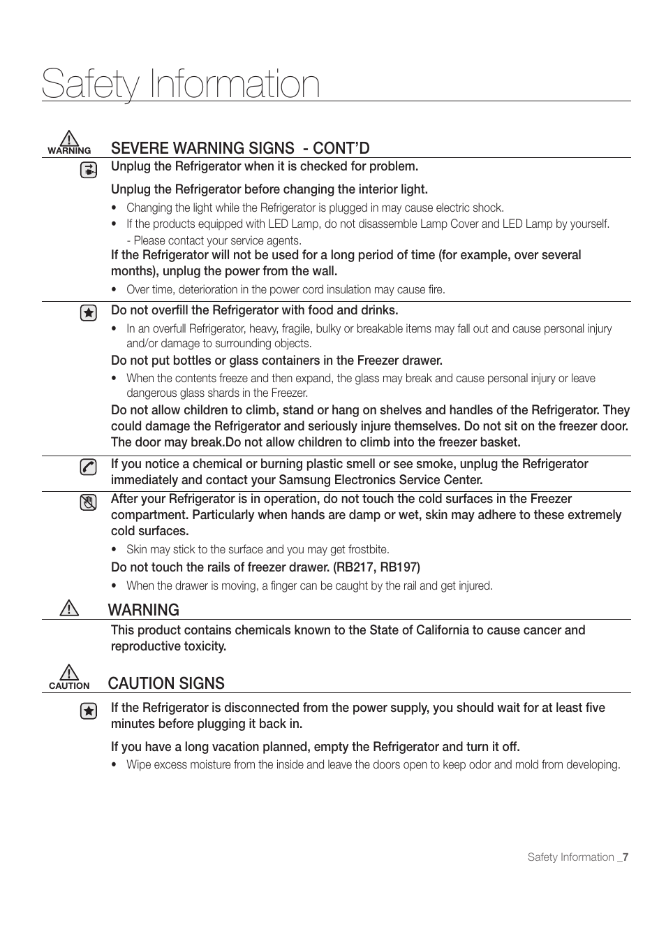 Safety information, Caution signs, Severe warning signs - cont’d | Warning | Samsung RB215ACBP-XAA User Manual | Page 7 / 32