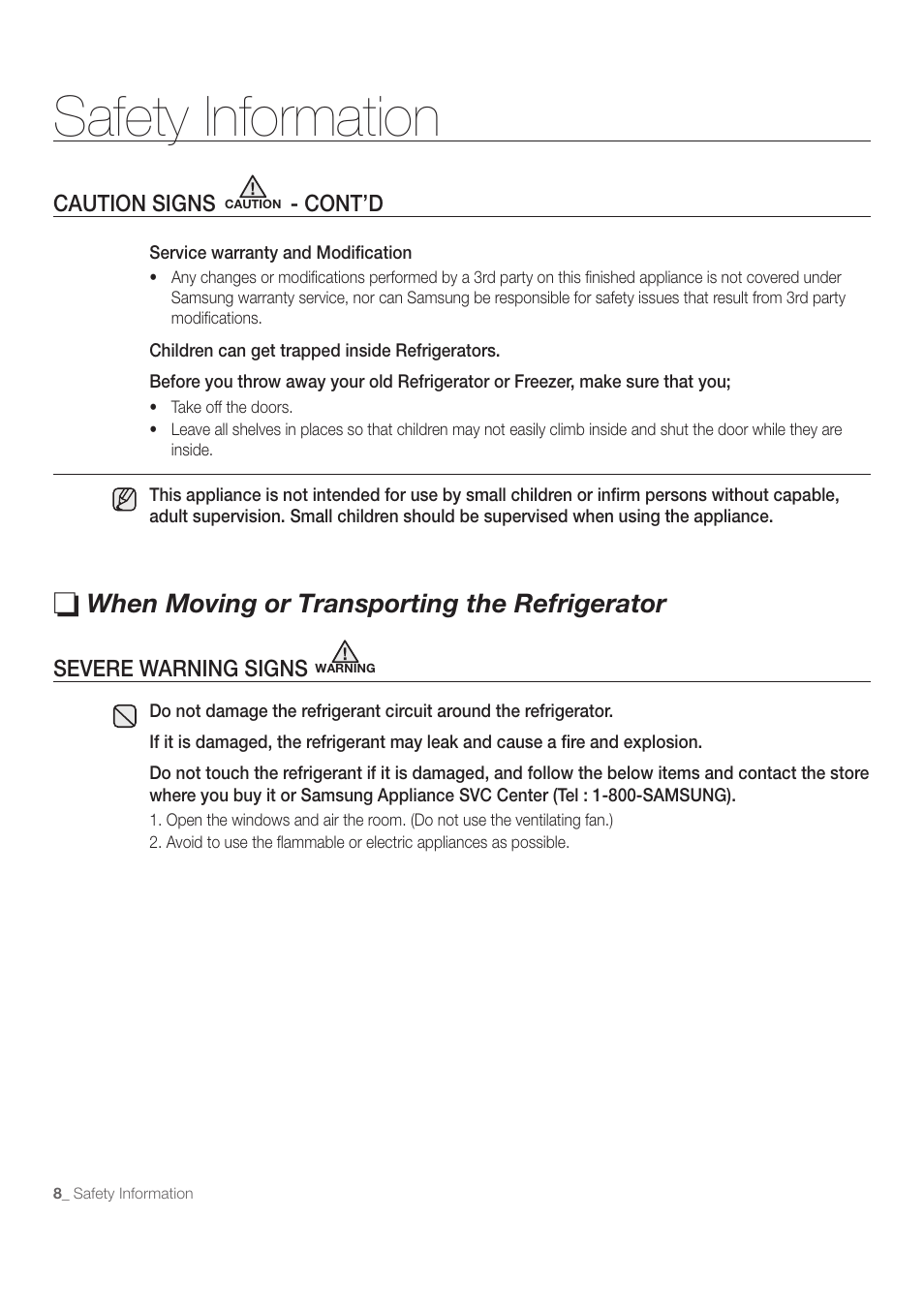 Safety information, When moving or transporting the refrigerator | Samsung RB215ACBP-XAA User Manual | Page 8 / 32