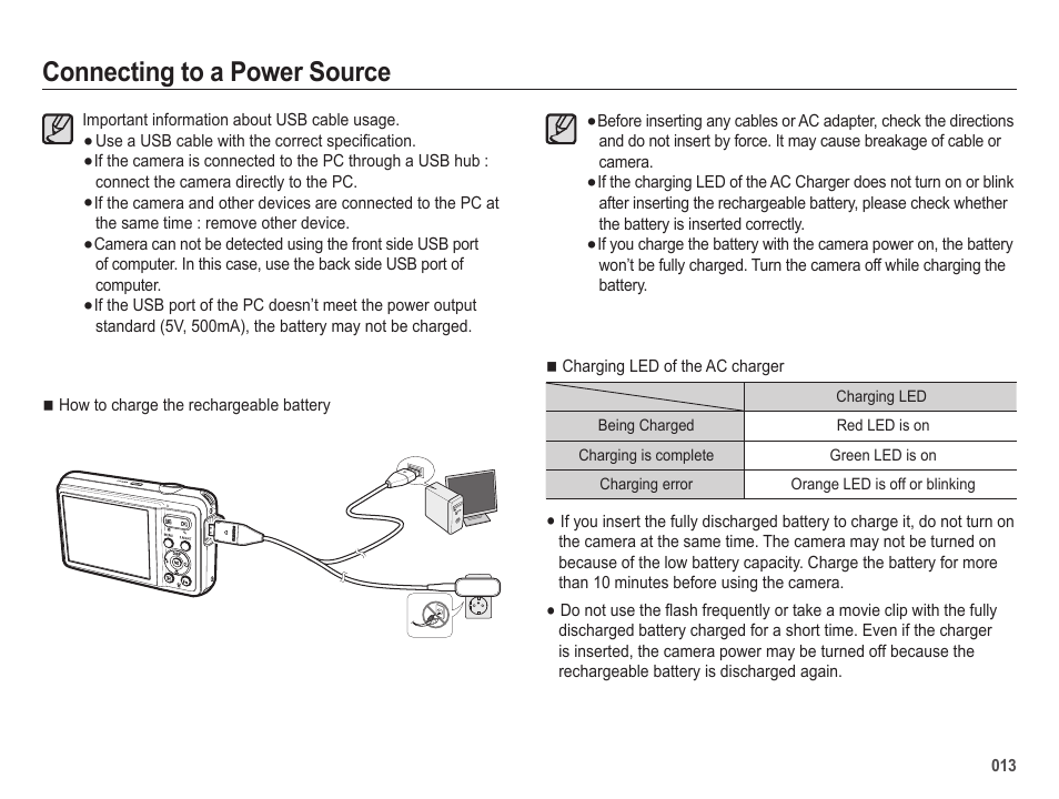 Connecting to a power source | Samsung EC-SL605ZBPBUS User Manual | Page 14 / 99