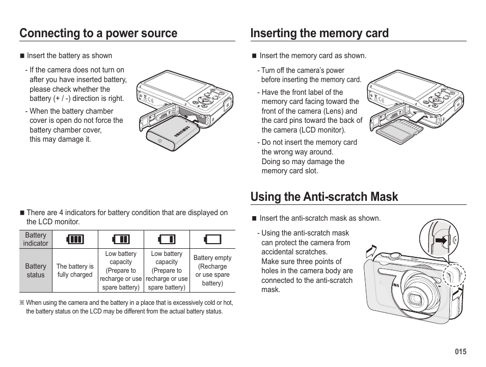 Connecting to a power source, Using the anti-scratch mask | Samsung EC-SL605ZBPBUS User Manual | Page 16 / 99