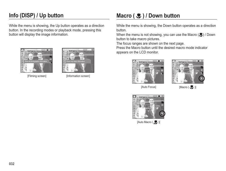 Macro ( ) / down button, Info (disp) / up button | Samsung EC-SL605ZBPBUS User Manual | Page 33 / 99