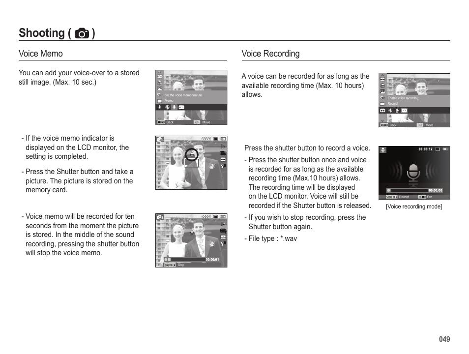 Shooting ( ), Voice recording | Samsung EC-SL605ZBPBUS User Manual | Page 50 / 99