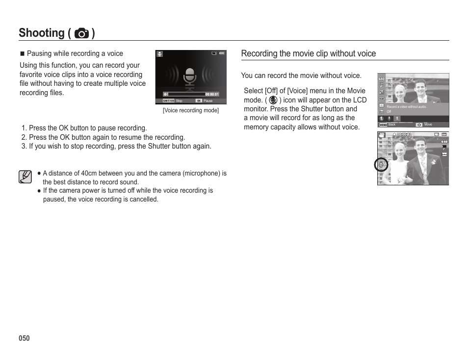 Shooting ( ), Recording the movie clip without voice | Samsung EC-SL605ZBPBUS User Manual | Page 51 / 99