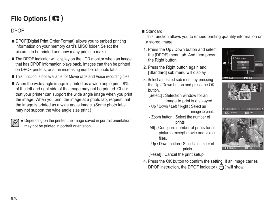 File options ( ), Dpof | Samsung EC-SL605ZBPBUS User Manual | Page 77 / 99