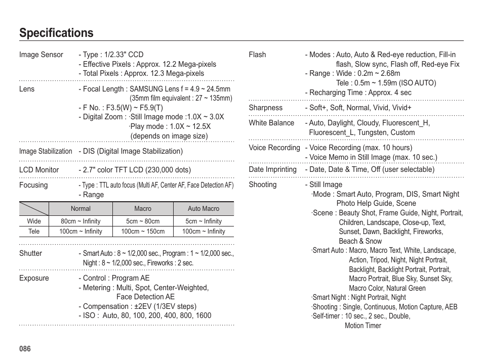 Specifications | Samsung EC-SL605ZBPBUS User Manual | Page 87 / 99