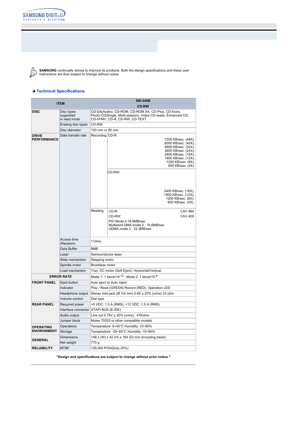 Specifications | Samsung SW-248BRNS User Manual | Page 18 / 18