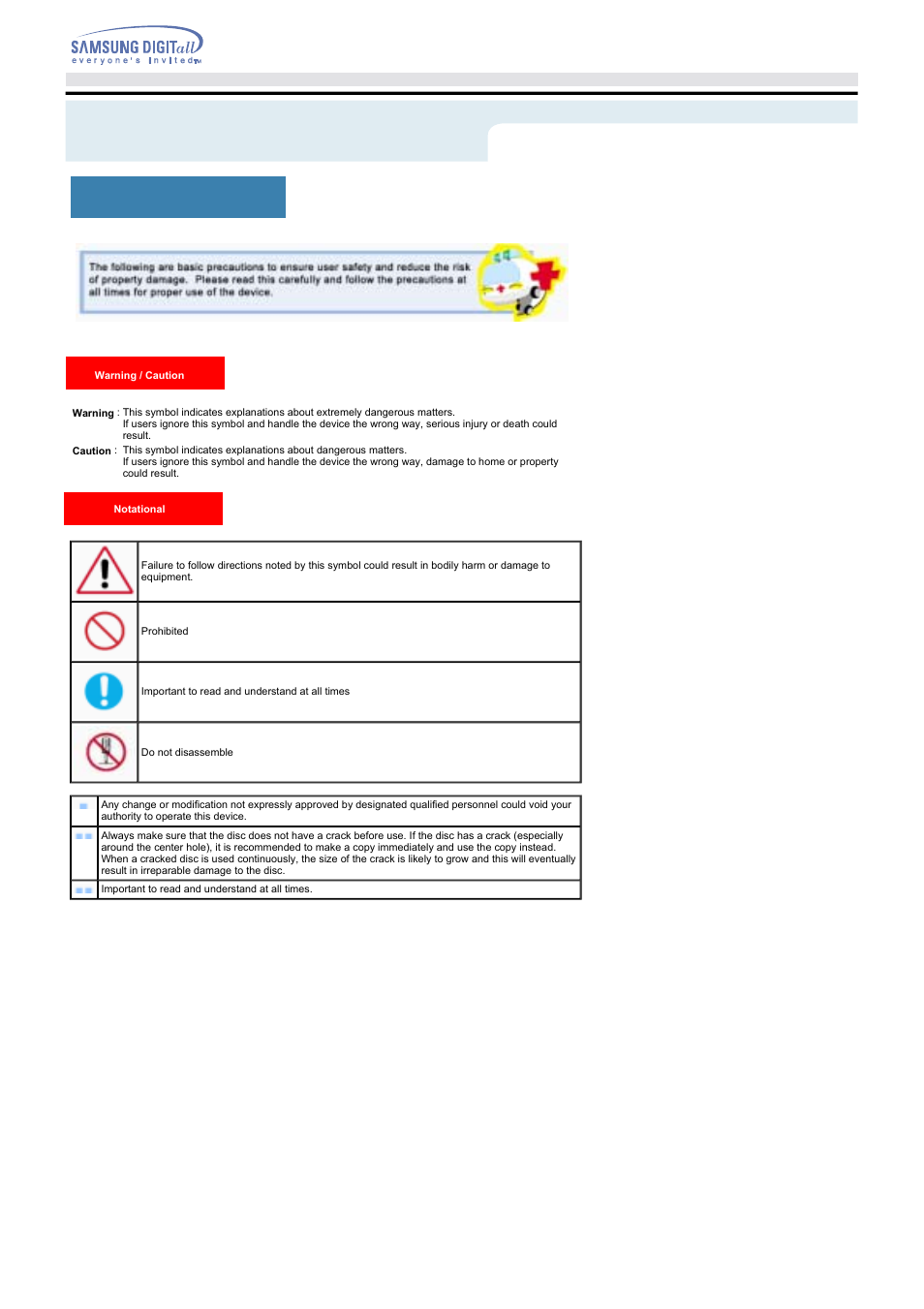 Safety precautions, Notational | Samsung SW-248BRNS User Manual | Page 2 / 18