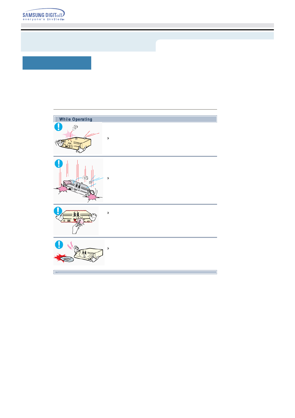 While operating, Safety precautions | Samsung TS-H492A-WBGH User Manual | Page 5 / 24