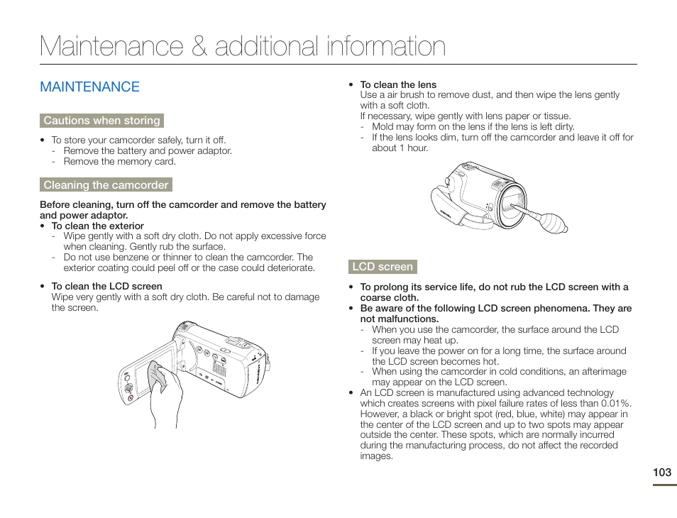 Maintenance & additional information, Maintenance | Samsung HMX-F900WN-XAA User Manual | Page 107 / 113