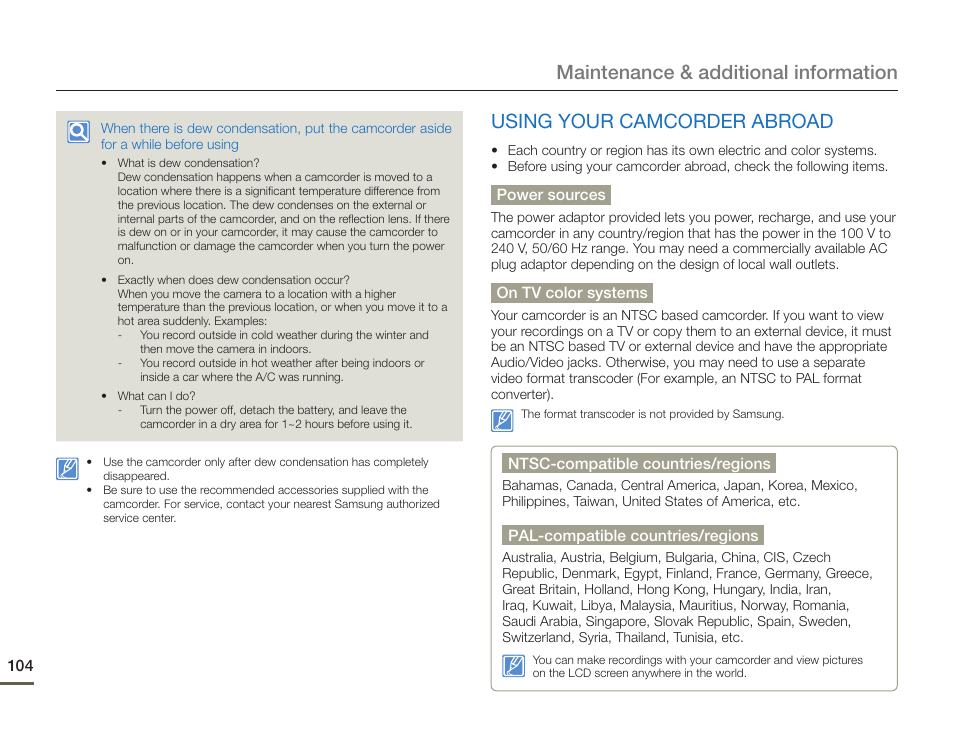 Using your camcorder abroad, Maintenance & additional information | Samsung HMX-F900WN-XAA User Manual | Page 108 / 113