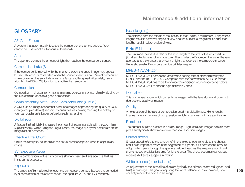 Glossary, Maintenance & additional information glossary | Samsung HMX-F900WN-XAA User Manual | Page 109 / 113