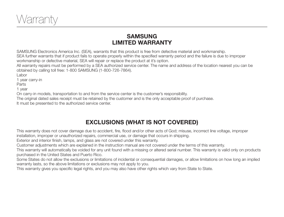 Warranty, Samsung limited warranty, Exclusions (what is not covered) | Samsung HMX-F900WN-XAA User Manual | Page 111 / 113