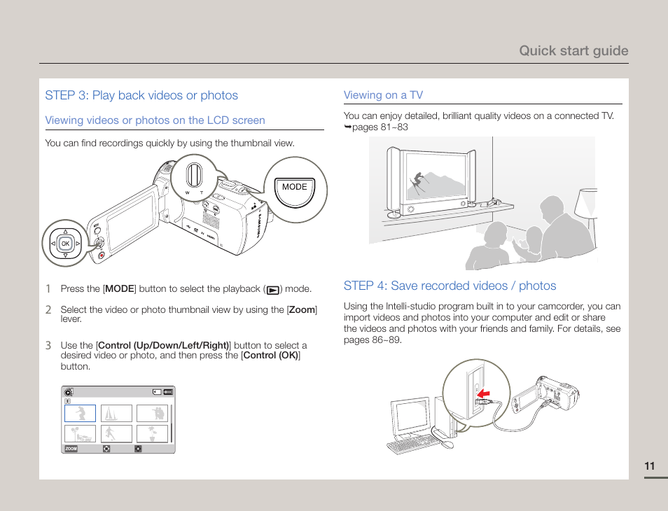 Quick start guide, Step 3: play back videos or photos, Step 4: save recorded videos / photos | Samsung HMX-F900WN-XAA User Manual | Page 15 / 113